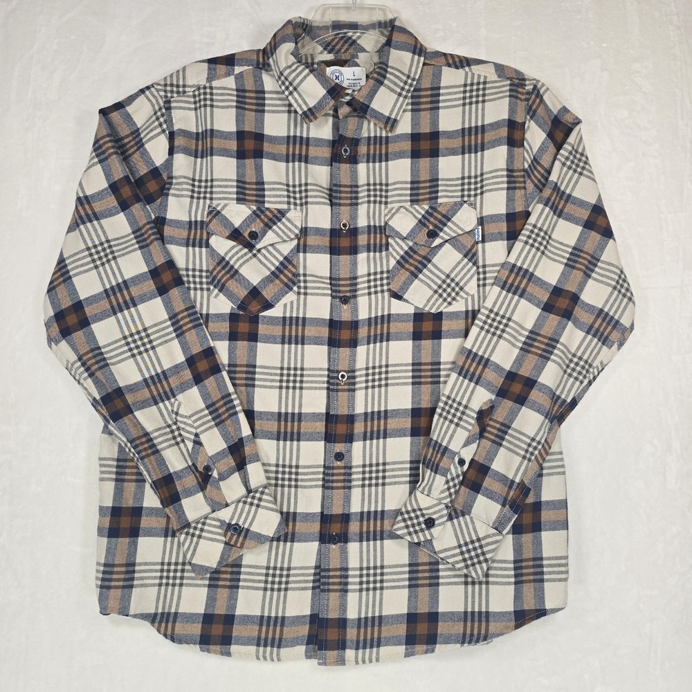 Hurley Mens L Plaid Flannel Shirt Cream Navy Brown Skater Streetwear HFA23SMT